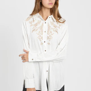 Chemise oversize brodée or ou bleu avec lin