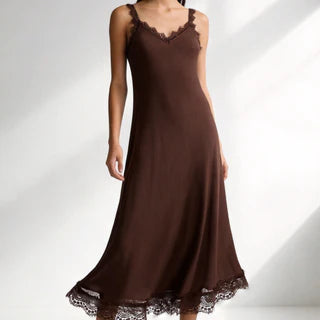 Robe longue souple dentelles marron