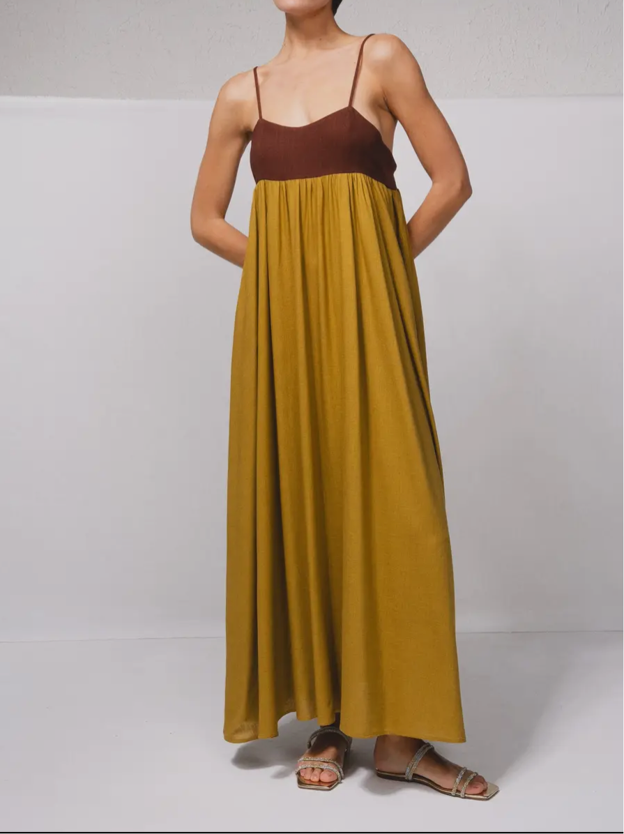Robe longue deux tons et bretelles noir/beige rouille/argile SMF