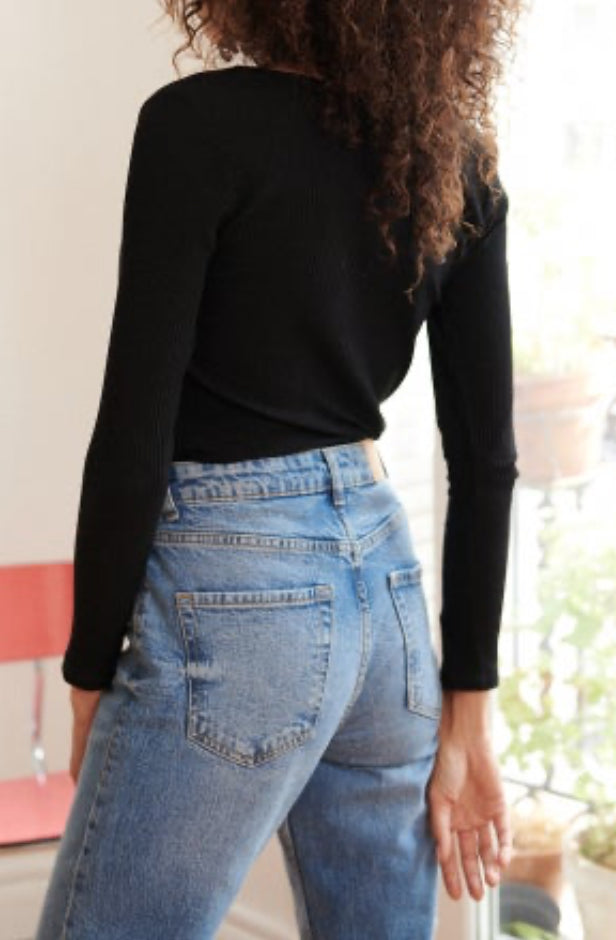 Top Gilet fin coton manches longues col carré avec boutons