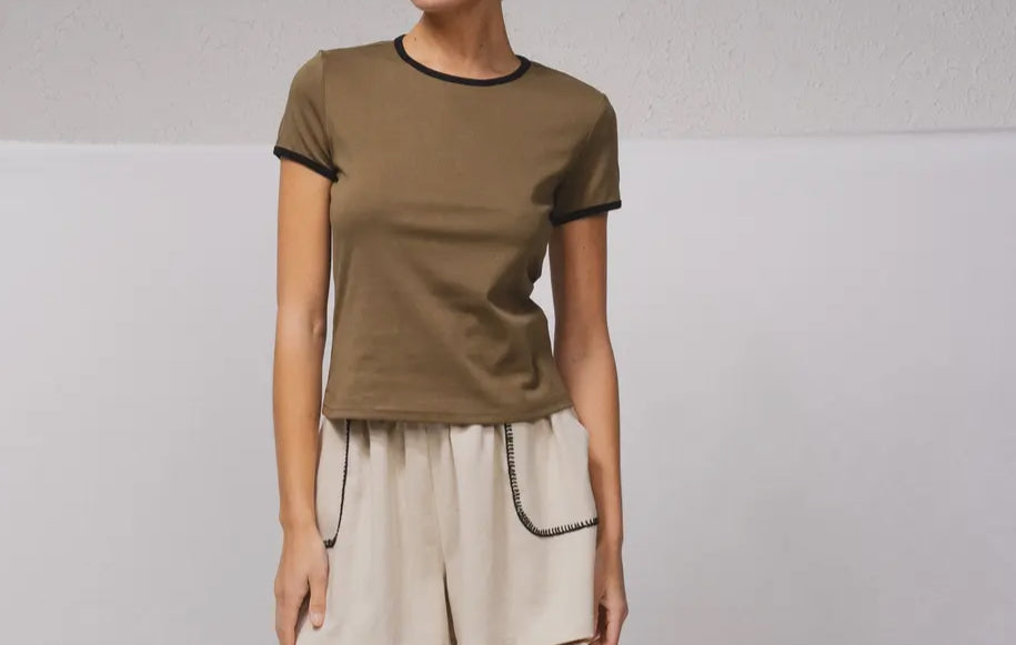 T shirt contraste beige kaki noir SMF