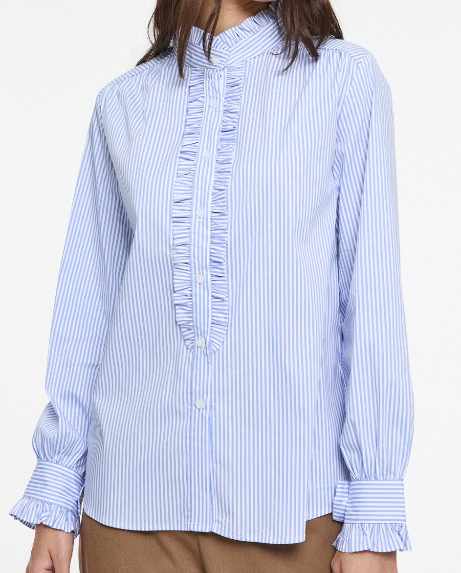 Chemise coton col et jabot volant rayée bleu blanc