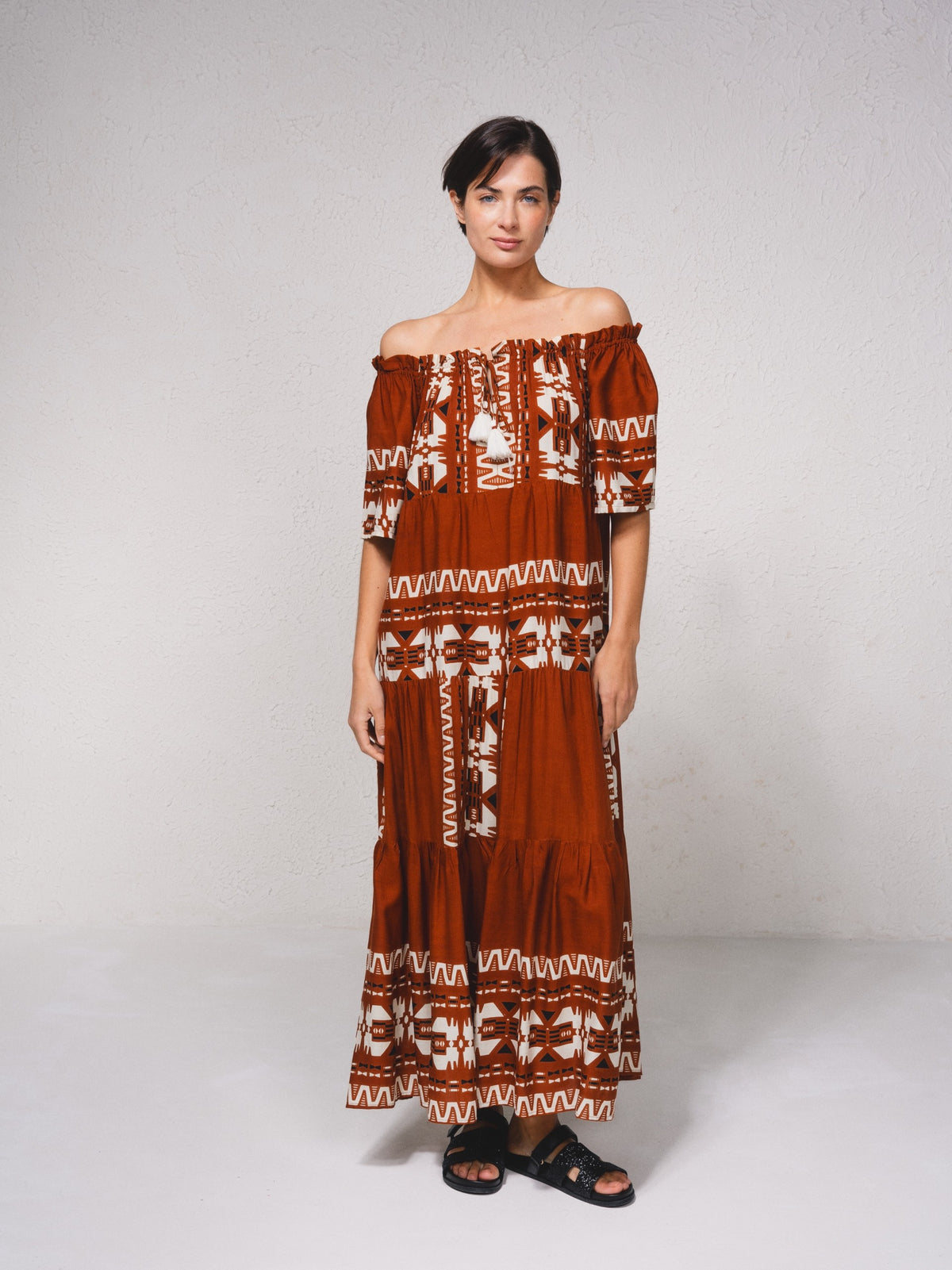 Robe bobo longue rouille motifs noir et blanc