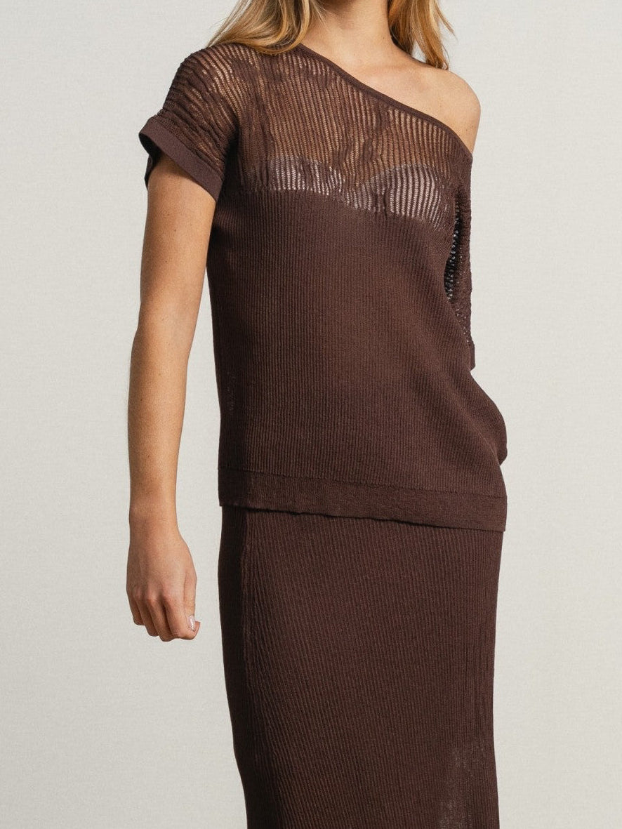 Top maille ajourée marron