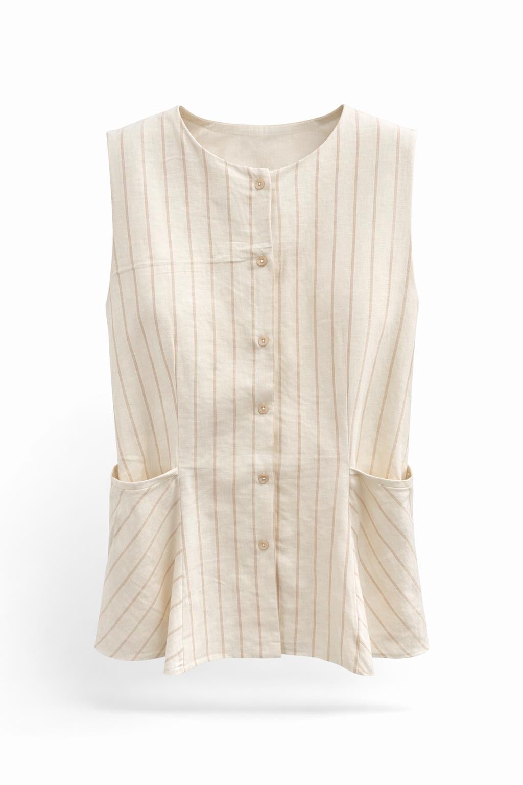 Gilet sans manches beige rayé lurex