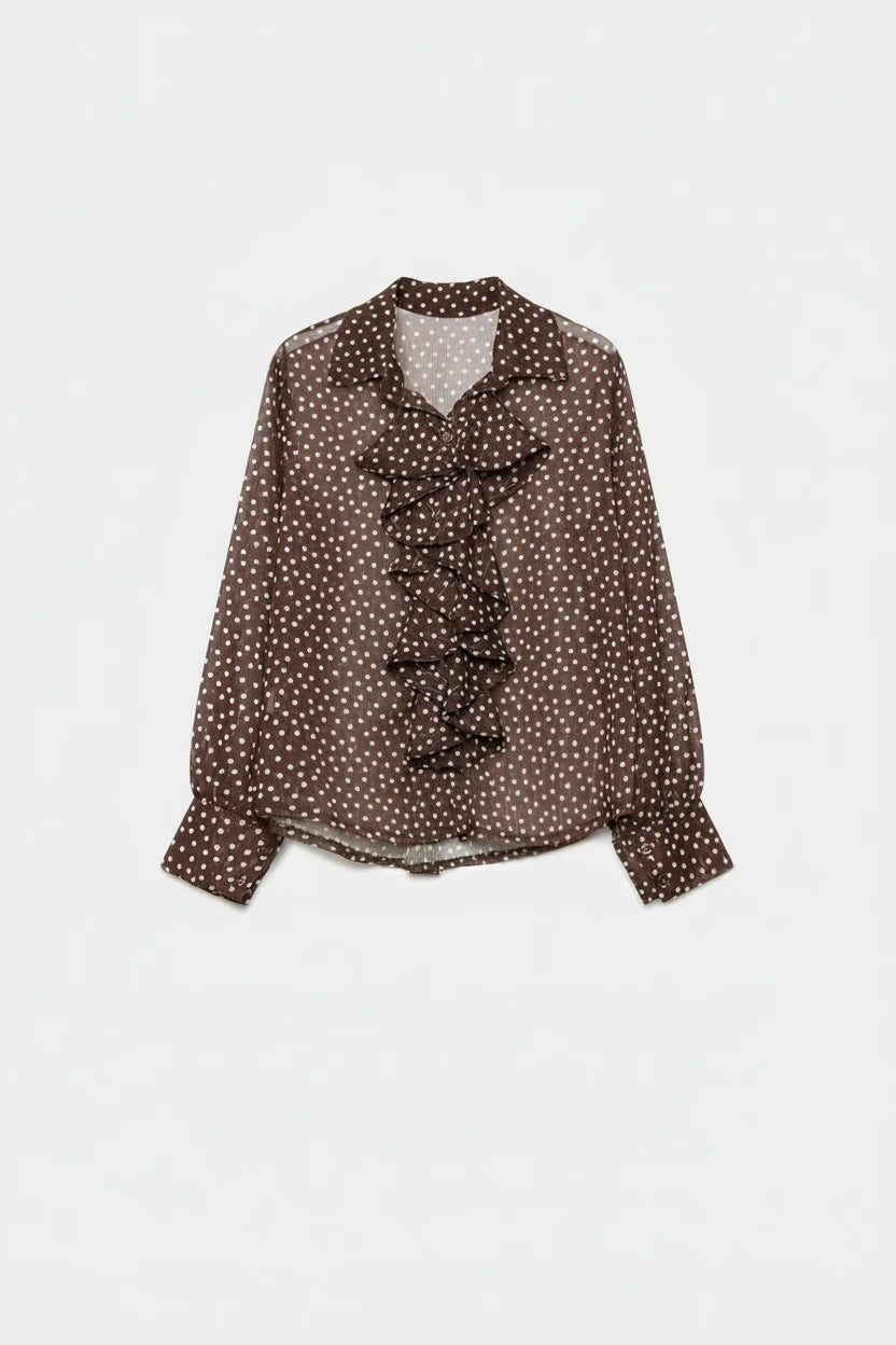 Chemise marron en voile à pois avec jabot