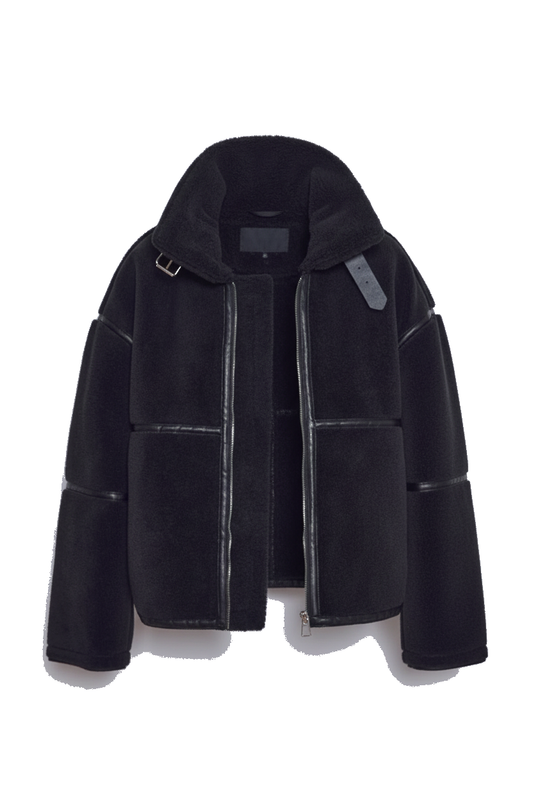 Veste fourrure et cuir noire col montant - packshot