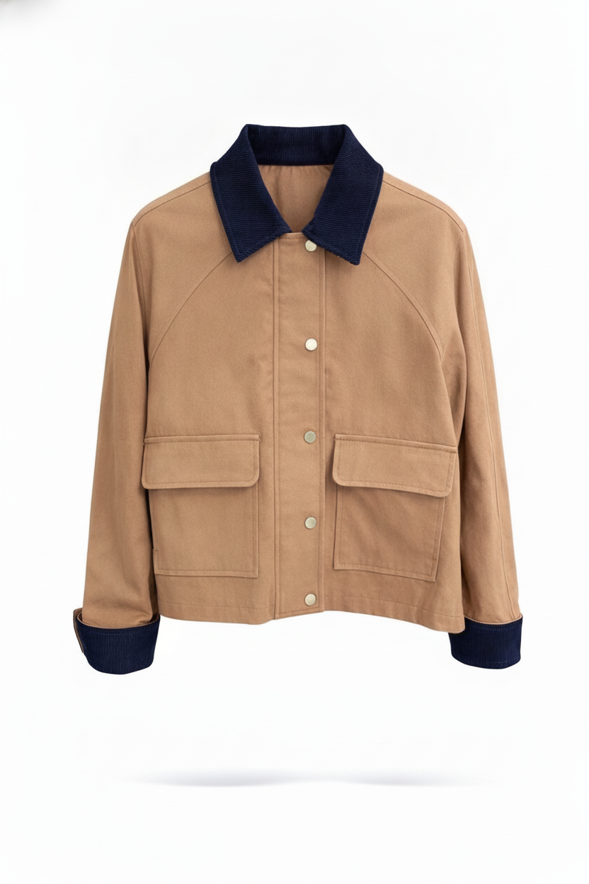 Veste coton camel ou kaki courte col velours - packshot
