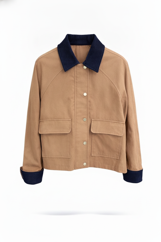 Veste coton camel ou kaki courte col velours - packshot