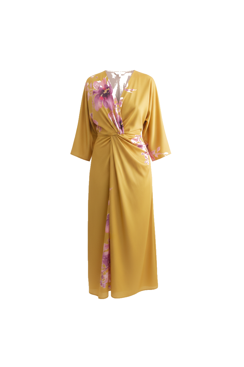 Robe jaune satin imprimé fleur rose - packshot