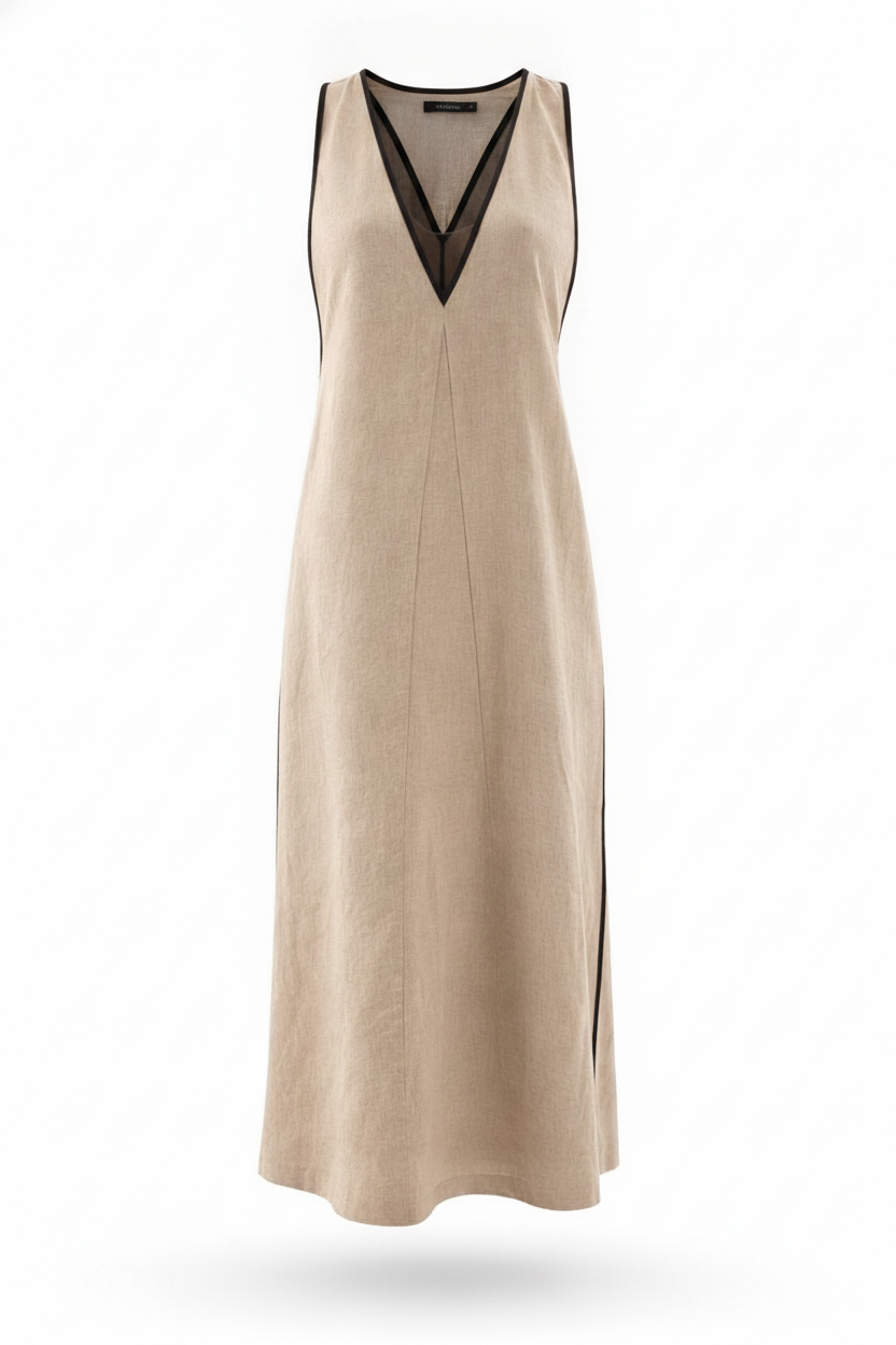 Robe longue en lin beige bord noir col V - packshot
