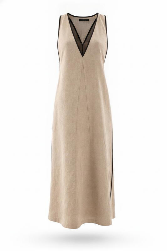 Robe longue en lin beige bord noir col V - packshot