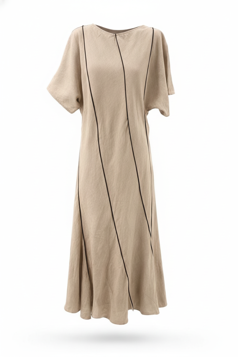 Robe longue avec manches lin beige surpiqûres noires - packshot