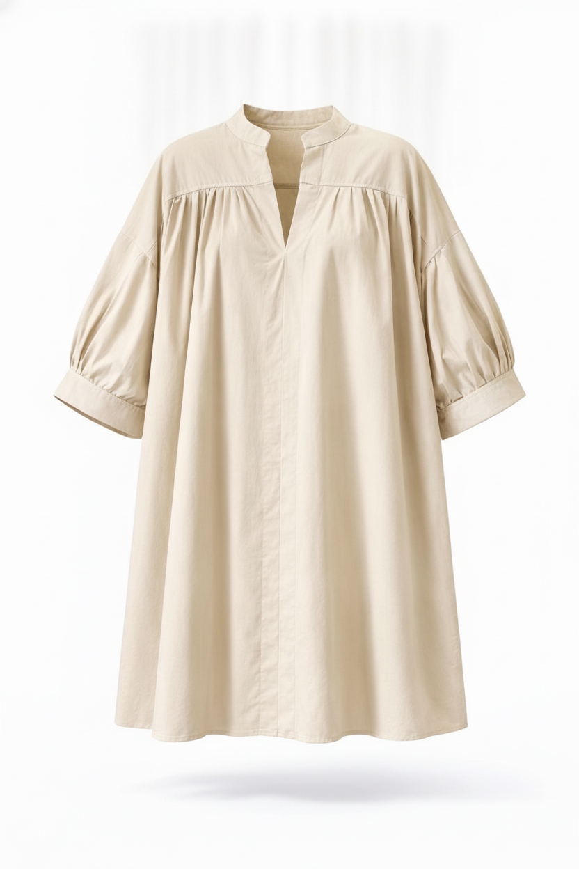 Robe courte fronces et manches mi longues coton beige, kaki ou brique - packshot