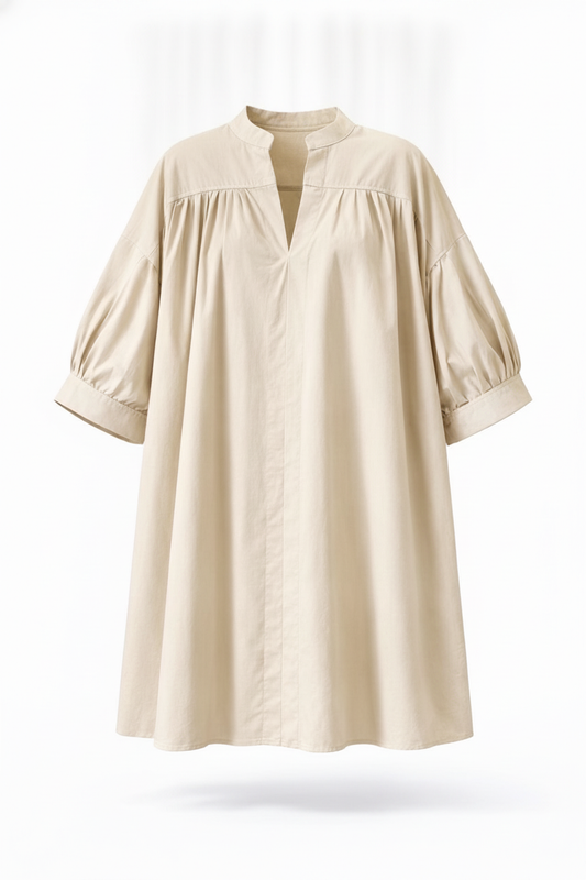 Robe courte fronces et manches mi longues coton beige, kaki ou brique - packshot
