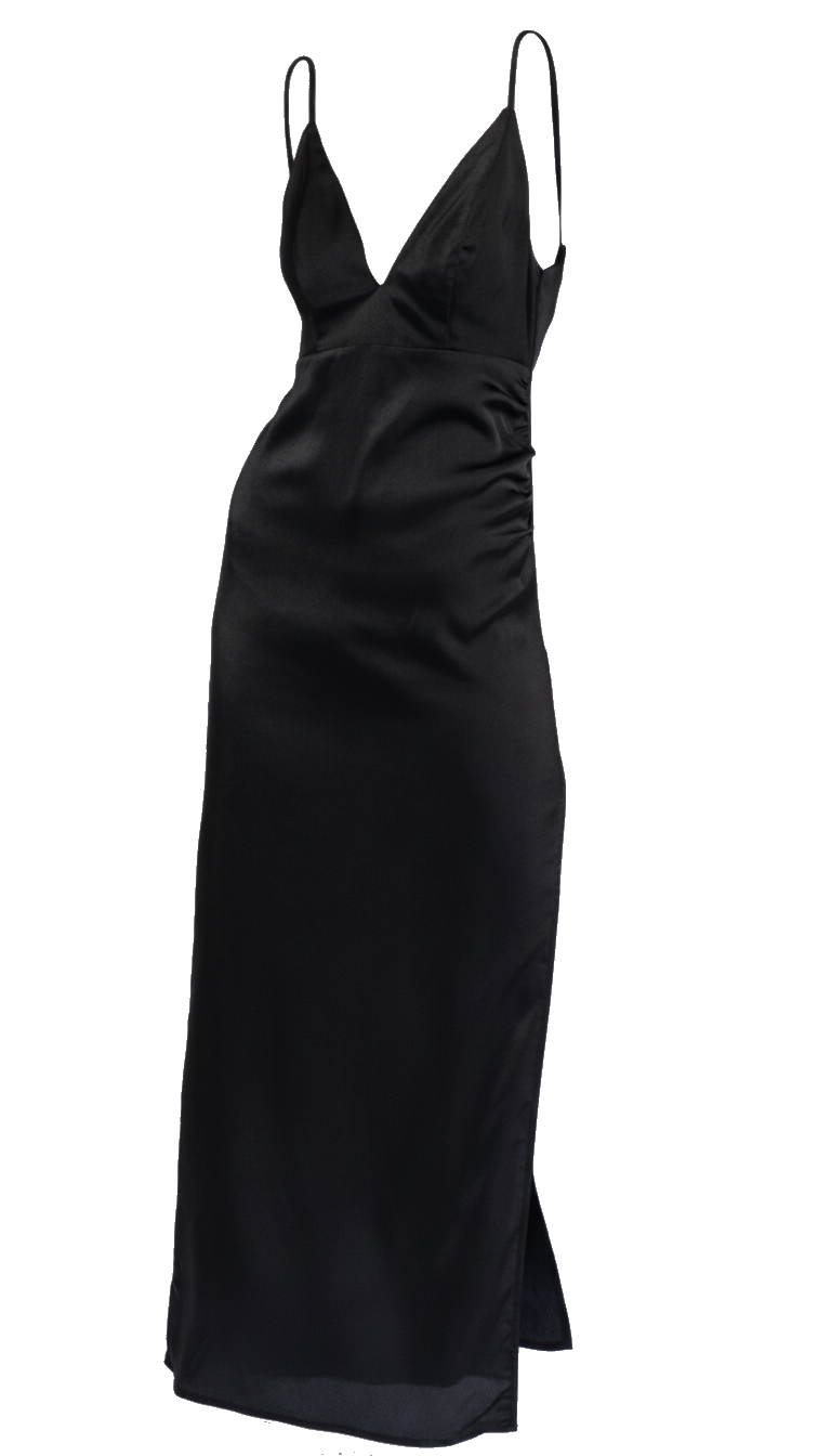 Robe satin noire fente cote - packshot