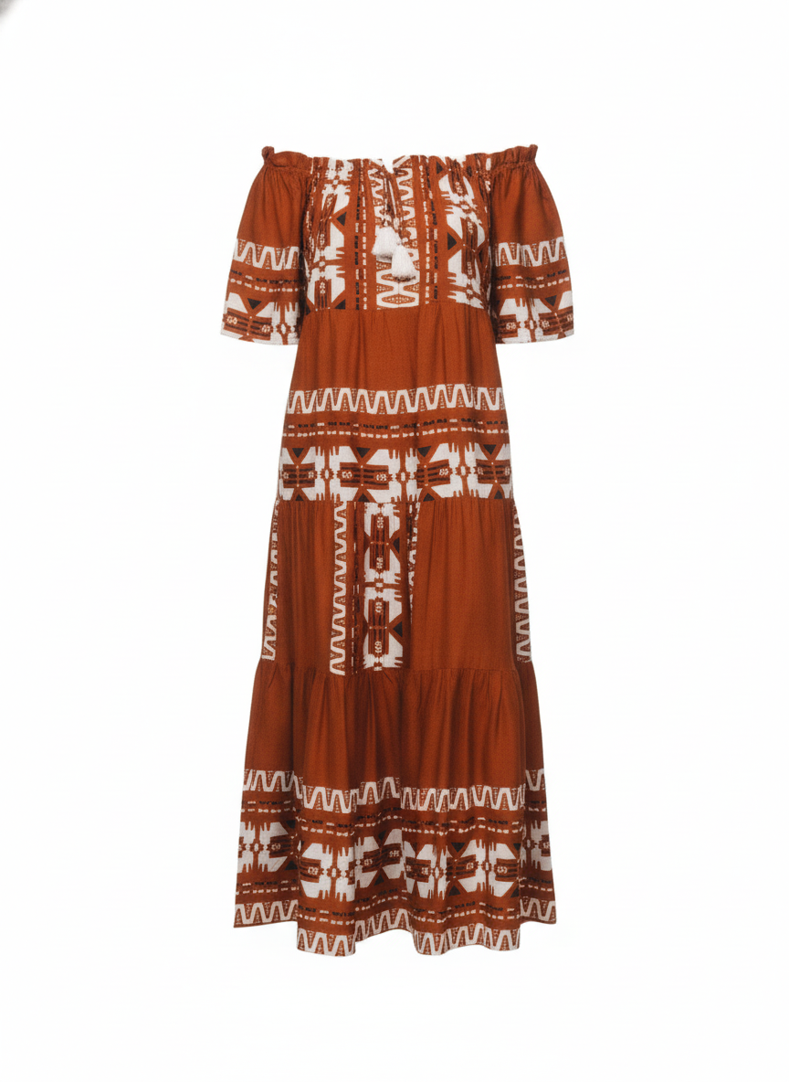 Robe bobo longue rouille motifs noir et blanc - packshot