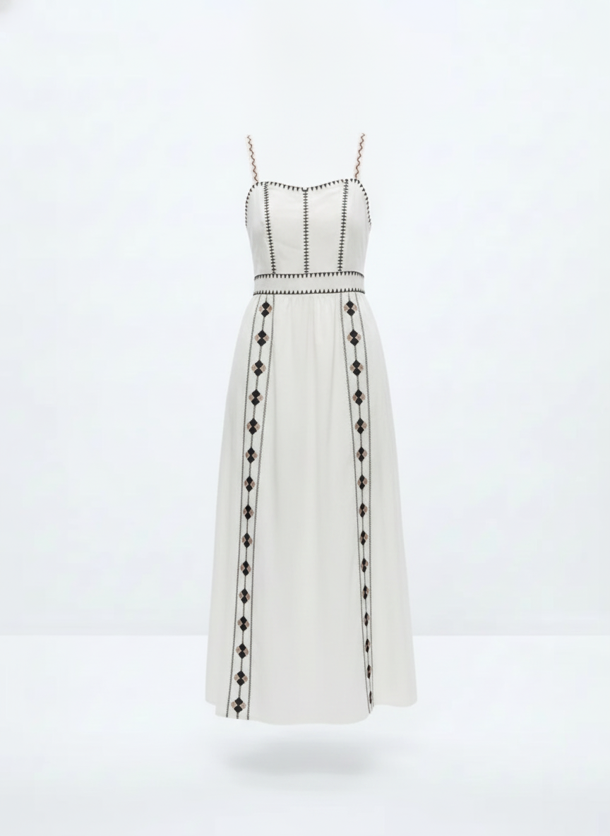Robe longue blanche motif noir - packshot