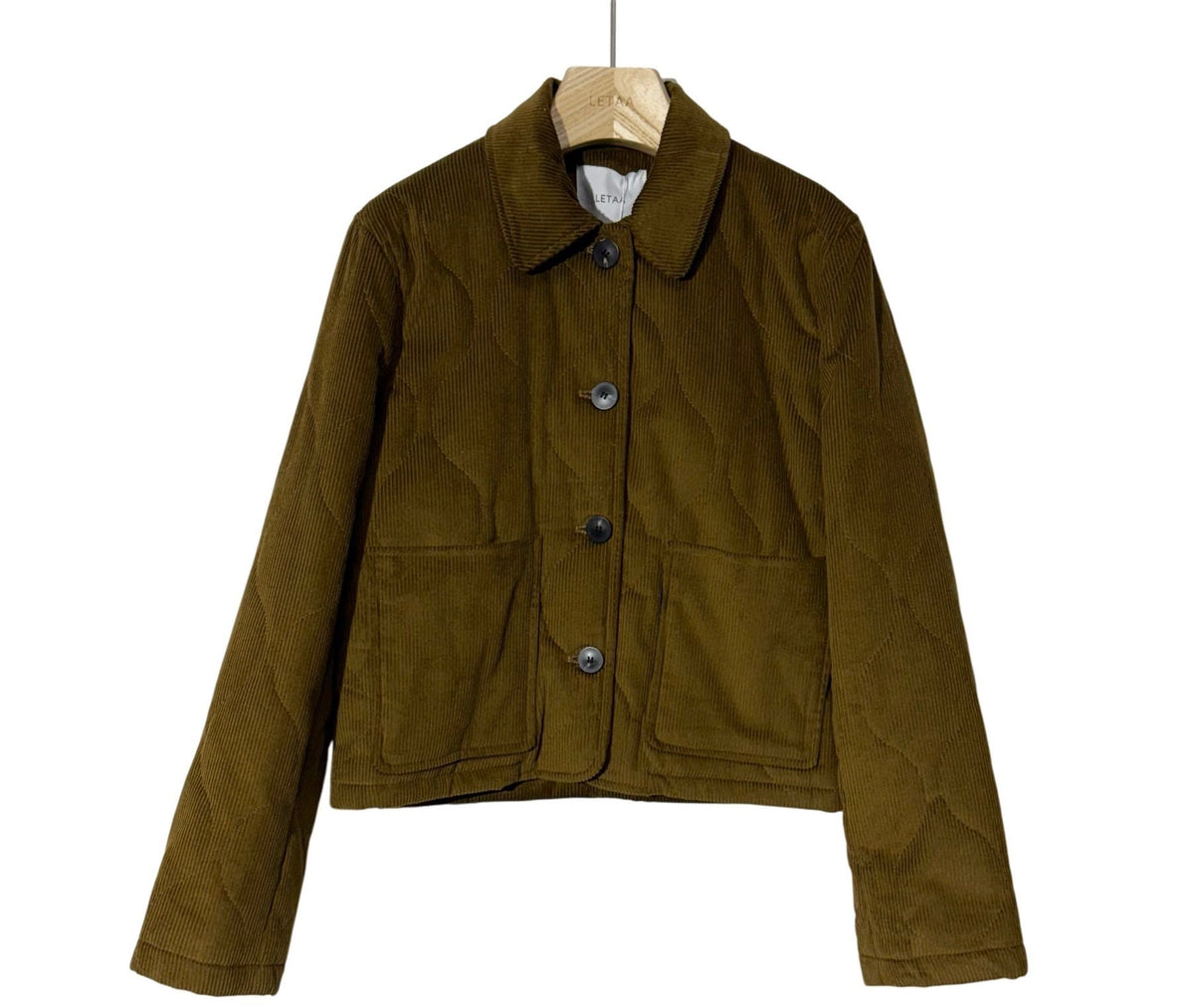 Veste matelassée velours côtelé col chemise poche plaques kaki