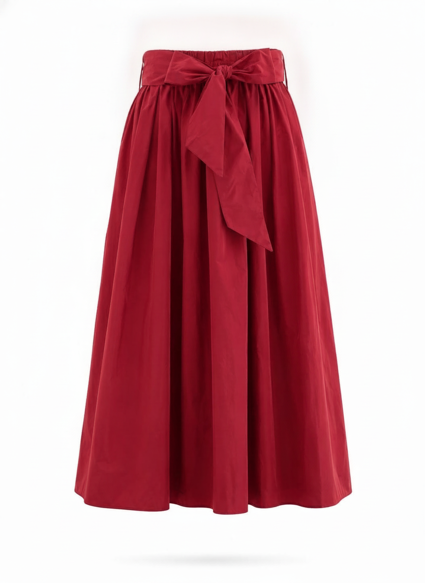 Jupe longue satin coton rouge ou marine noeud à la taille - packshot