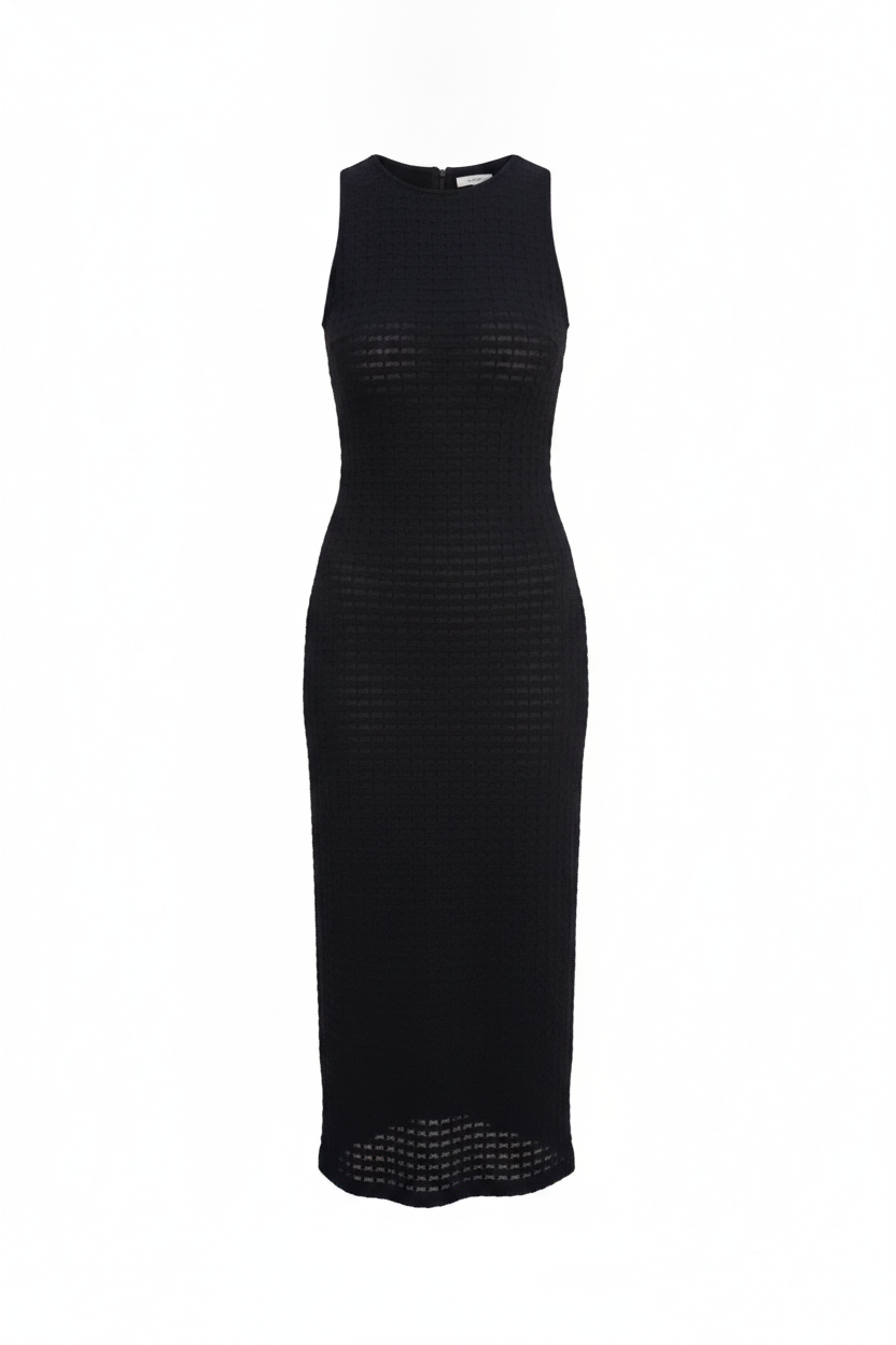 Robe longue noire asymétrique maille ajourée - packshot