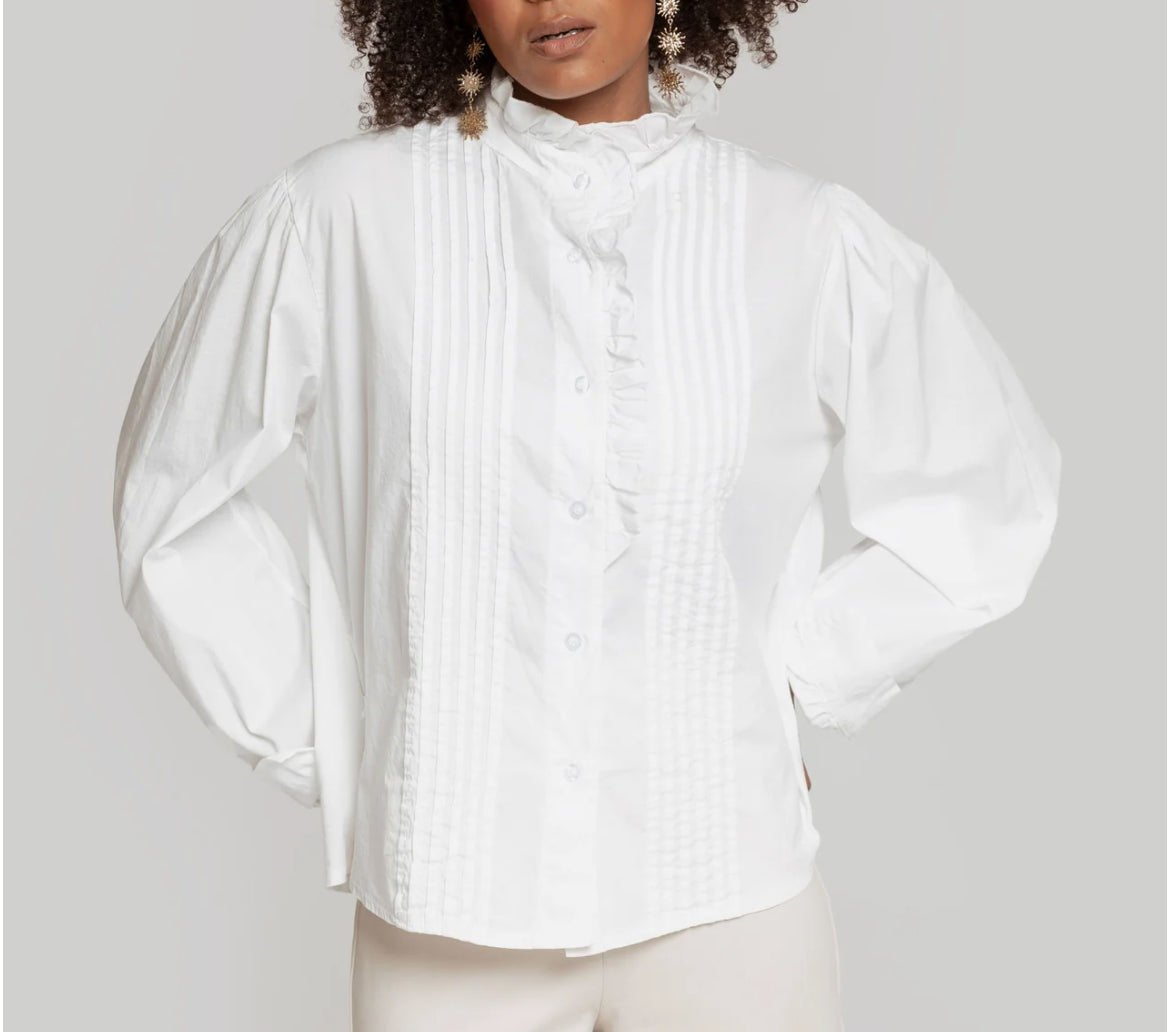 Chemise blanche coton plis surpiques et col volant