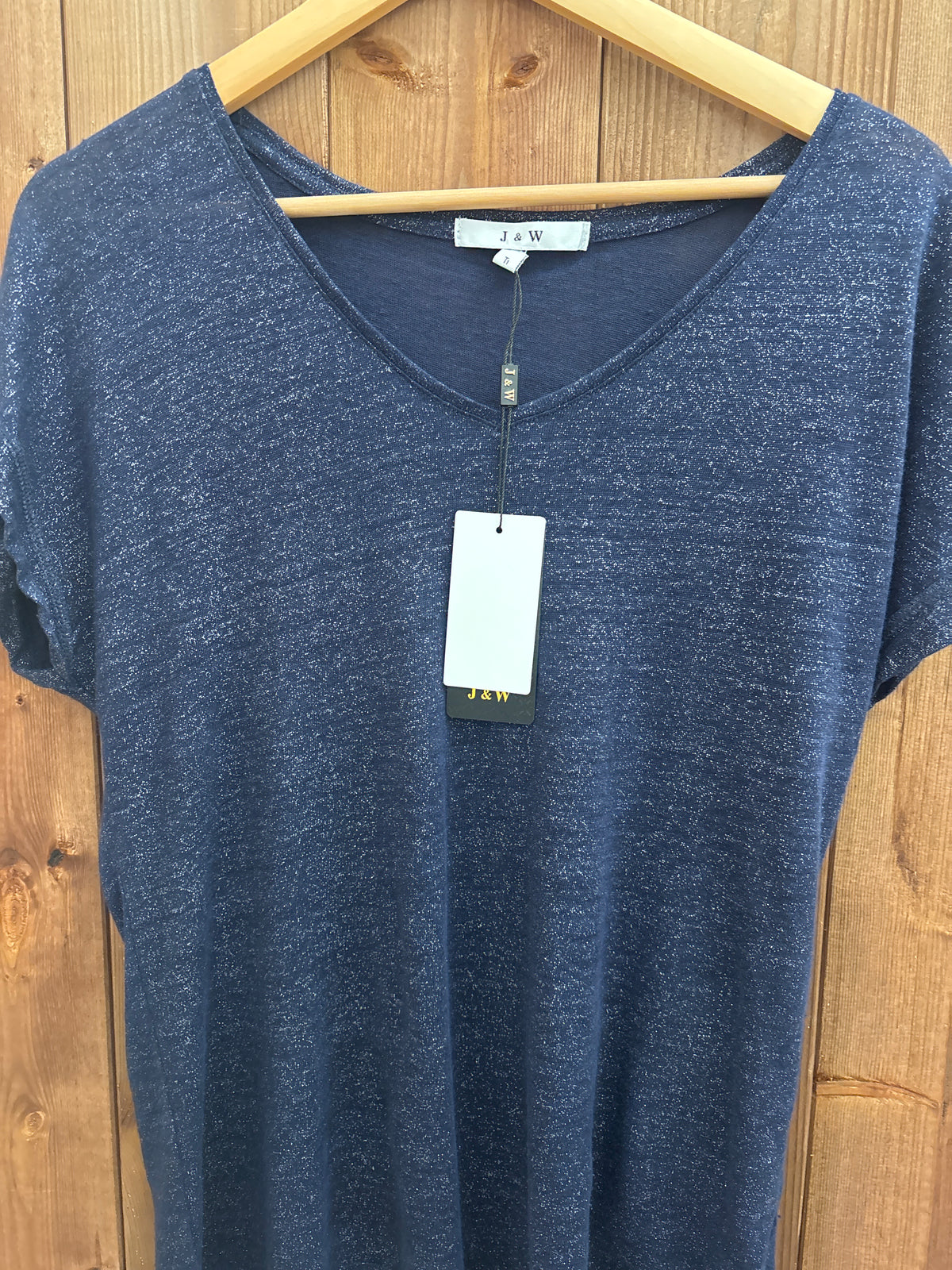 T shirt lin col V avec lurex beige ou navy