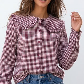 Chemise col Claudine carreaux marron ou bordeaux