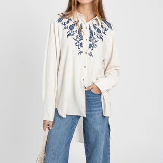 Chemise oversize brodée or ou bleu avec lin