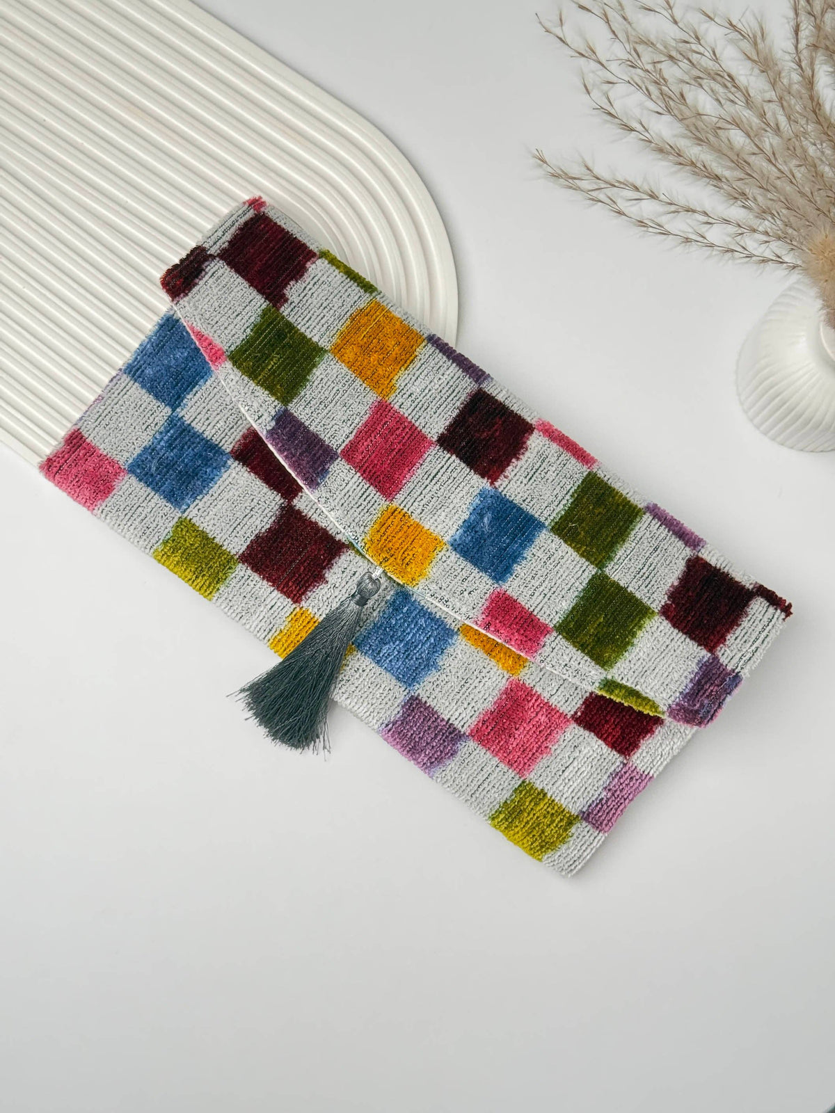 Pochette ikat en velours de soie - Sac à main bohème mosaïque vive
