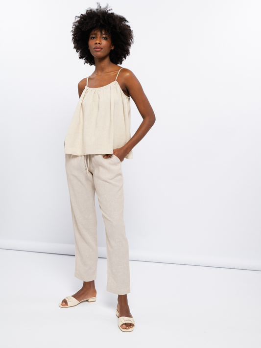 Top en lin beige froncé bretelles spaghetti
