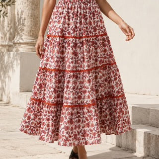 Jupe longue volants coton motifs fleurs