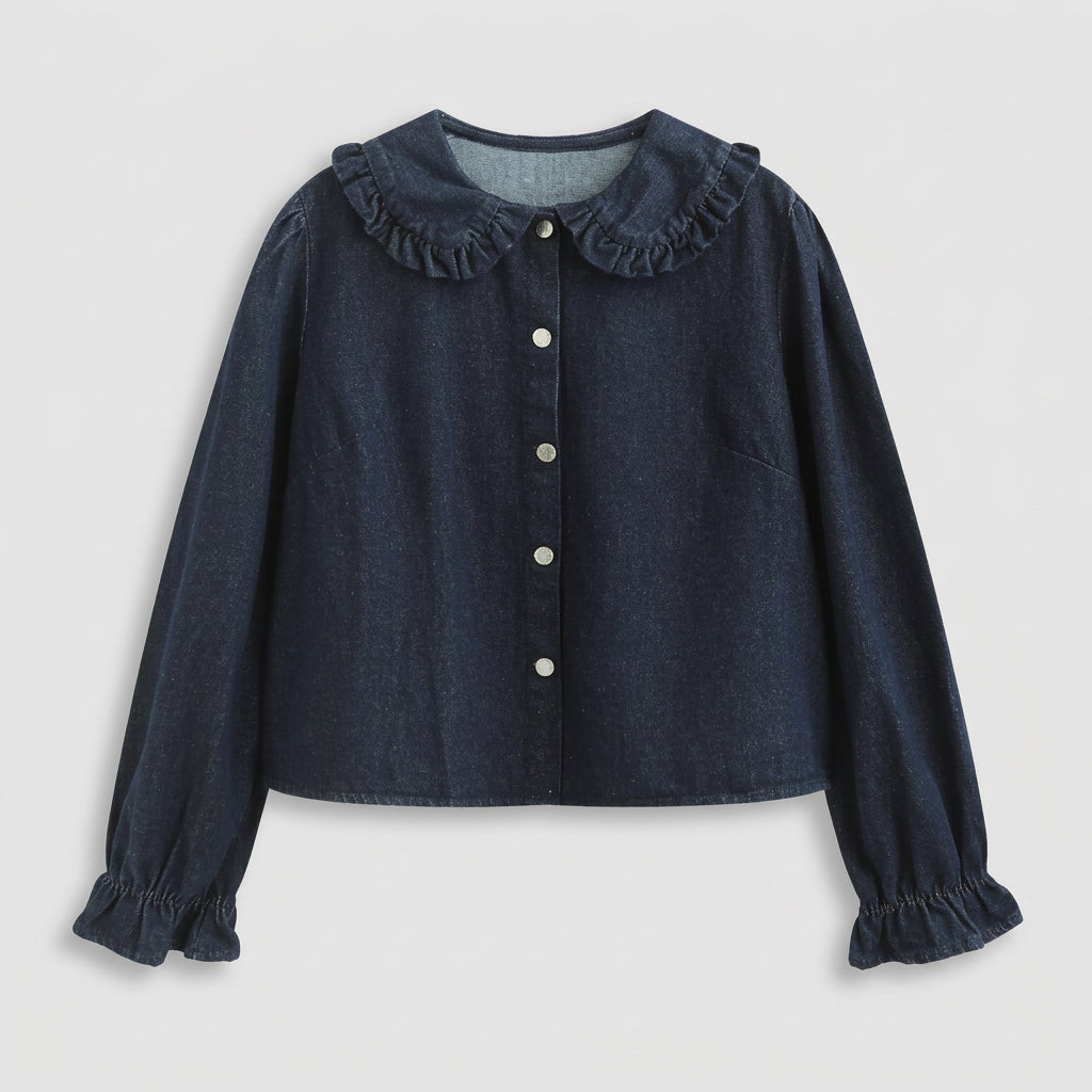 Chemise denim brut col Claudine volant