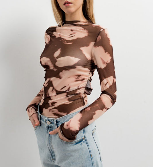 Top motif fleurs marron transparent ELISA