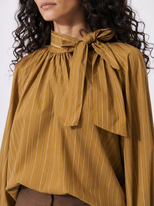 Blouse rayée col noué camel