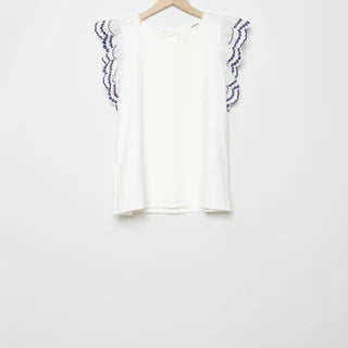 T shirt manches volants brodés bleu