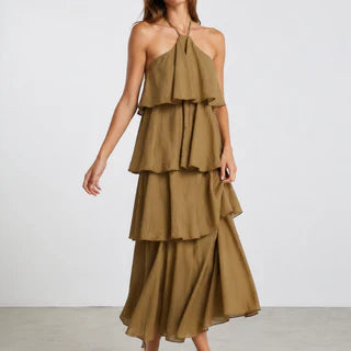 Robe longue coton volants lien cou