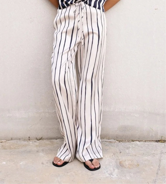 Pantalon fluide beige marine à rayures