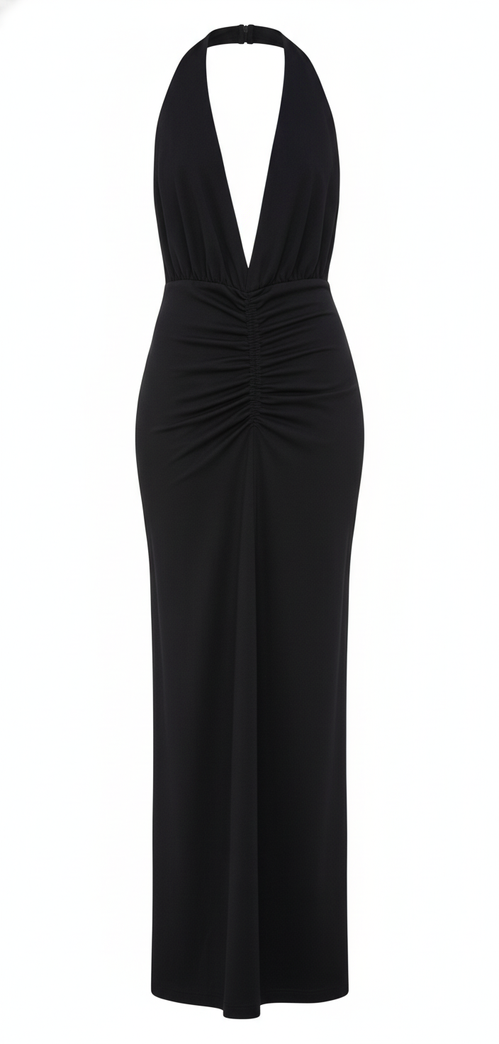 Robe longue noire col V - packshot