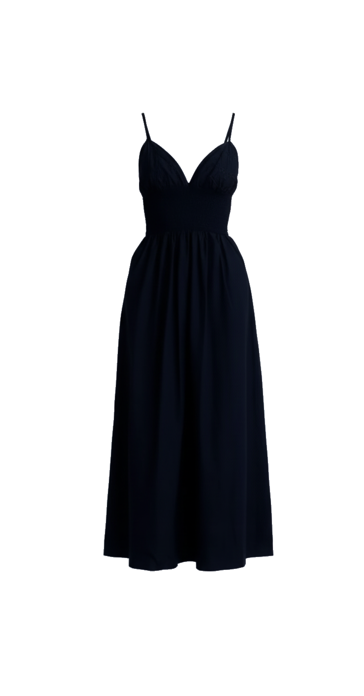 Robe popeline coton noire longue bretelles et fronces Elisa - packshot