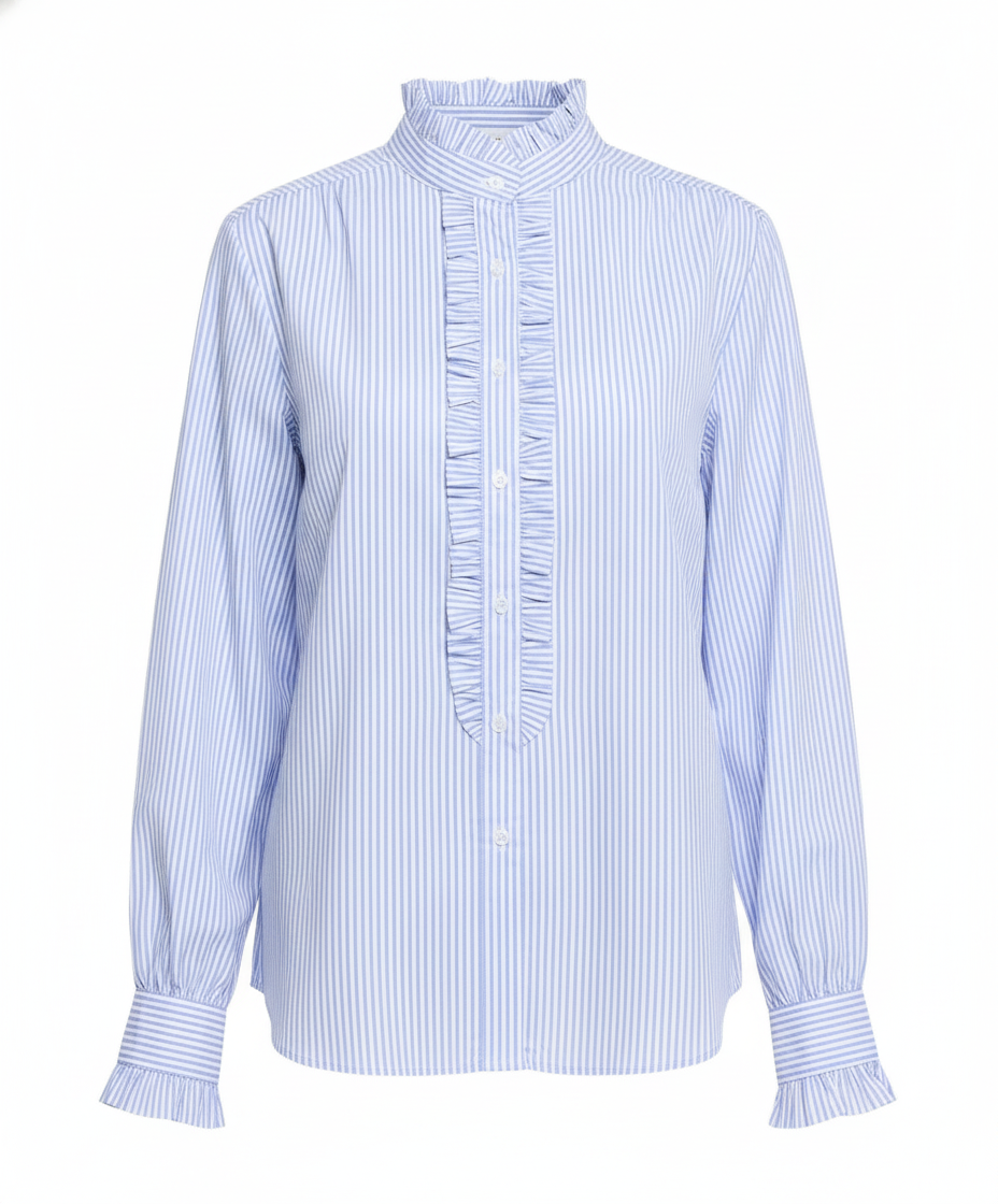 Chemise coton col et jabot volant rayée bleu blanc - packshot