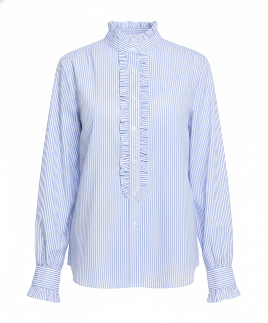 Chemise coton col et jabot volant rayée bleu blanc - packshot