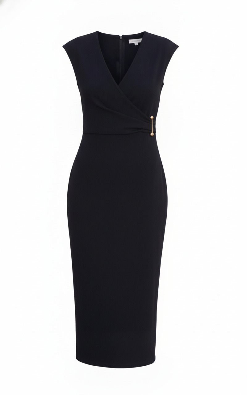 Robe noire longue sans manches  agrafe doré - packshot