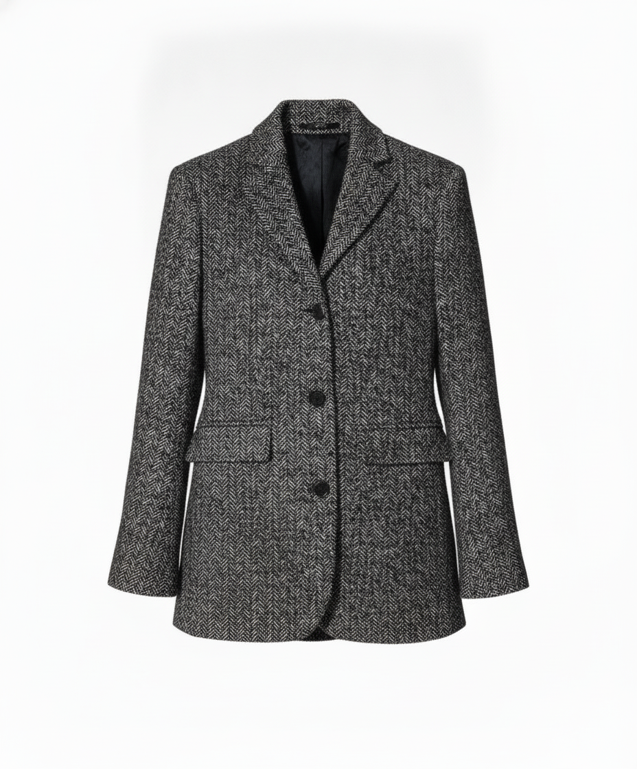 Blazer droit tweed laine noir poches plaquées - packshot