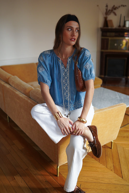 Blouse jean brodé manches ballons oversized