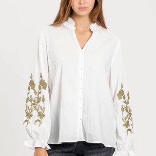 Chemise col volant coton blanc brodée bordeaux ou vert