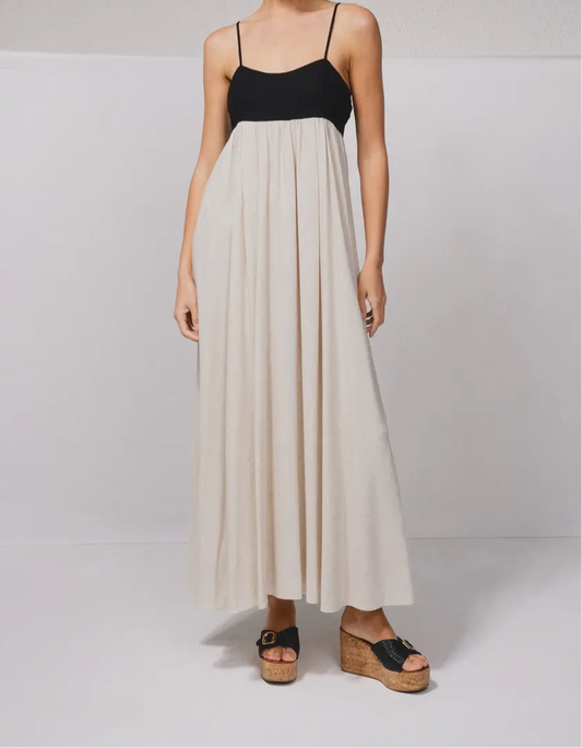 Robe longue deux tons et bretelles noir/beige rouille/argile SMF