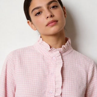 Chemise vichy col volant rose ciel ou Navy