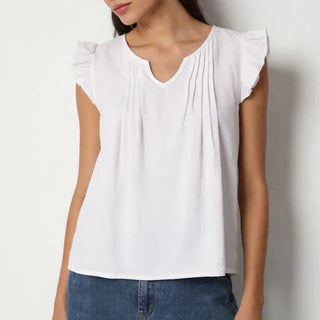 Blouse coton plis et manches courtes volants blanche ou marrons