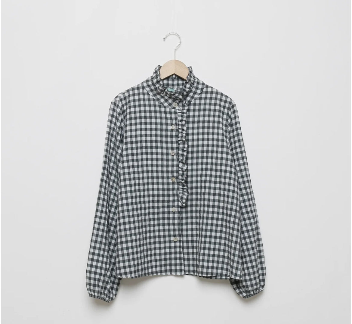 Chemise vichy col volant grise ou verte